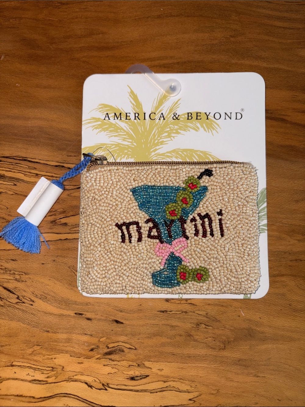 Viral Hand Beaded Martini Coin Pouch - Beige with Blue Tassel